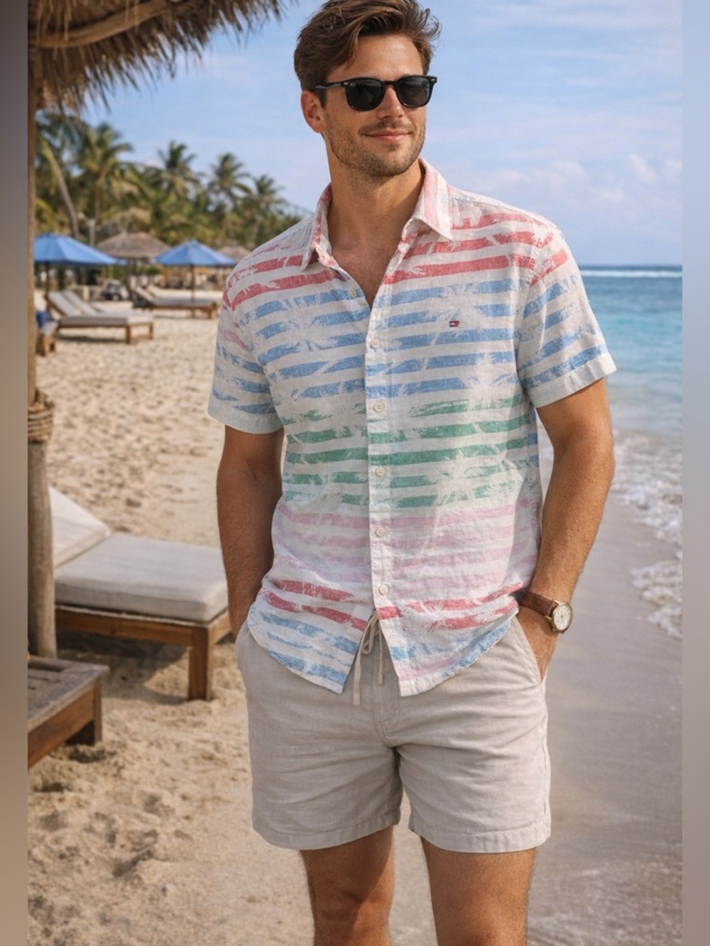 Tommy Hilfiger XL Custom Fit Shirt Pastel Stripe Beach Summer Button Down Cotton